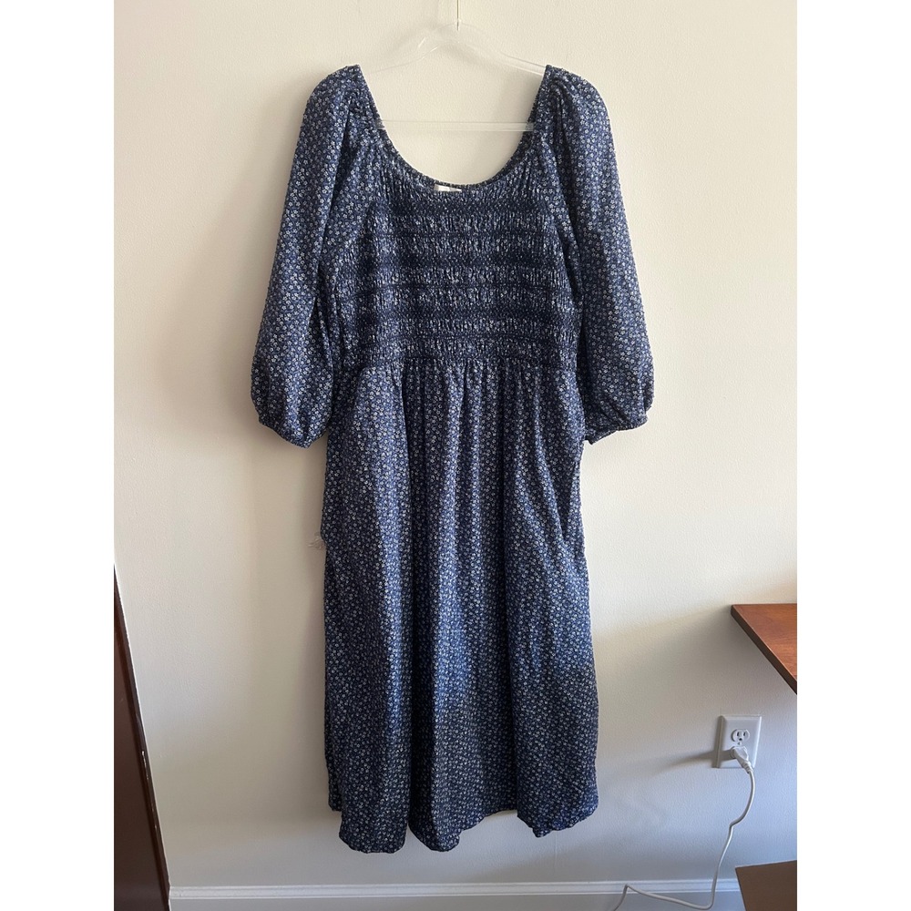 LOFT Maxi Dress Navy Blue XL Floral Smocked Square Neck Puff Sleeve Swiss Dot